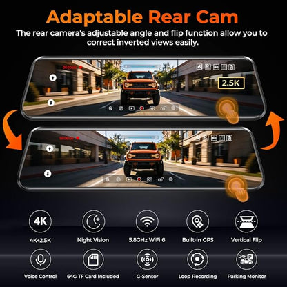 12" Mirror Dash Cam, 4K UHD Front and 2.5K Rear View Dash Camera for Car, with ADAS BSD LCA Smart Mode, GPS, G-Sensor, Loop Recording, Parking Monitor, Voice Control, 5.8GHz WiFi
