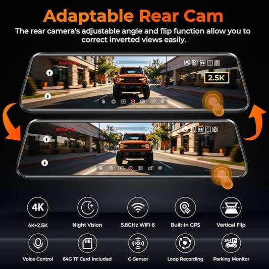 12" Mirror Dash Cam, 4K UHD Front and 2.5K Rear View Dash Camera for Car, with ADAS BSD LCA Smart Mode, GPS, G-Sensor, Loop Recording, Parking Monitor, Voice Control, 5.8GHz WiFi