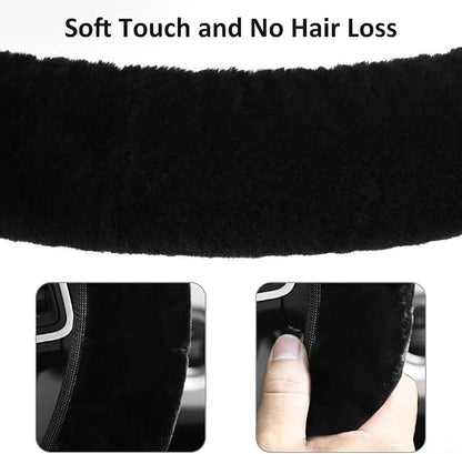 Fluffy Steering Wheel Cover for Women Girls, Accmor Universal Fit 15 inch Fur Car Wheel Cover & Handbrake Cover & Gear Shift Cover Set, Fashion Winter Warm Fuzzy Vehicle Wheel Protector (Black)