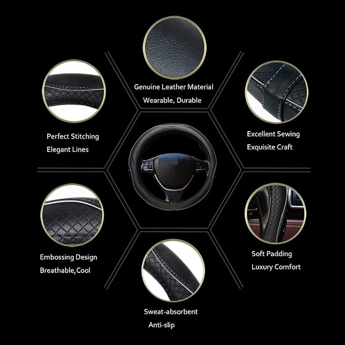 Gomass Car Steering Wheel Cover, Anti-Slip, Safety, Soft, Breathable, Heavy Duty, Thick, Full Surround, Sports Style (Black with Gray Line)