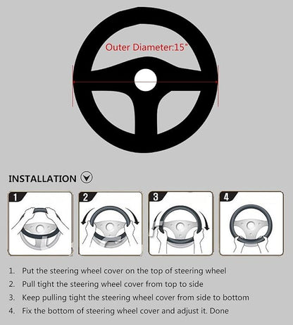Valleycomfy Steering Wheel Covers Universal 15 inch - Genuine Leather, Breathable, Anti Slip & Odor Free (Black with Red Lines, M(14" 1/2-15" 1/4))