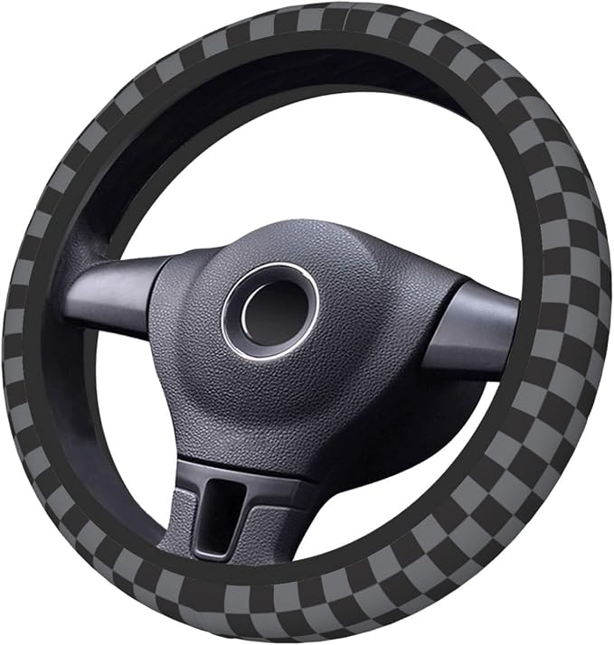 Dark Gray Checkered Steering Wheel Cover for Women, Universal Auto Steering Wheel 14-15 Inch Car Interior Accessories with 2PCS Car Coasters, Suitable for Men and Women
