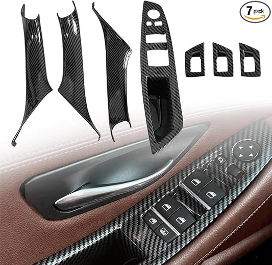 7PCS Carbon Fiber Interior Door Handle Cover Kit Replacement for BMW 5 Series F10 / F11 (2010-2016) 520i 523i 525i 528i 530i 535i | Driver Passenger Window Switch Panel Window Switch Covers