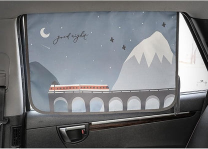 Magnetic Car Sun Shade Curtain for Side Window – Sun Blocker and UV Protector for Baby, Kids, and Pets – Universal Fit with Built-in Magnets for Steel-Framed Door (Bebe Train)