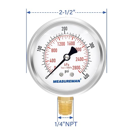 MEASUREMAN 2-1/2" Dial Size, Glycerin Filled Pressure Gauge, 0-400psi/2800kpa, 304 Stainless Steel Case, 1/4" NPT Lower Mount