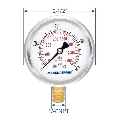 MEASUREMAN 2-1/2" Dial Size, Glycerin Filled Pressure Gauge, 0-400psi/2800kpa, 304 Stainless Steel Case, 1/4" NPT Lower Mount