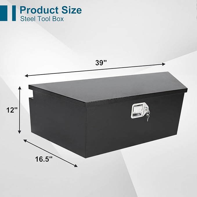 39"X12"X16.5" Tongue Truck Box Black Heavy Duty Steel Trailer Tongue Box Pick Up Truck Tool Box Storage Organizer w/Lock & Keys