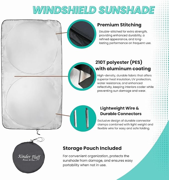 Windshield Sun Shade - Certified 99.87% UVB & 99.02% UVA Protection Car Sun Shade. Award Winning Sunshade for Car Windshield with Patented Technology. Size L 60"x30" Car Window Shades by Kinder Fluff