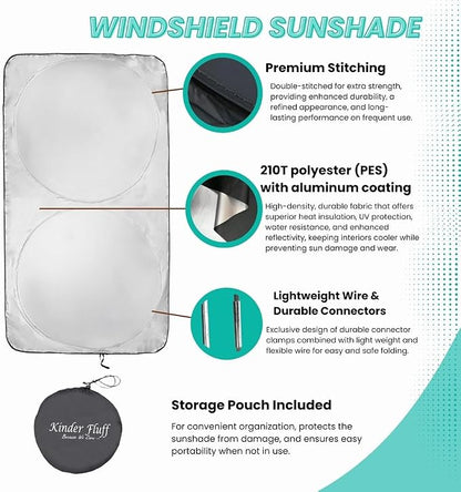 Windshield Sun Shade - Certified 99.87% UVB & 99.02% UVA Protection Car Sun Shade. Award Winning Sunshade for Car Windshield with Patented Technology. Size L 60"x30" Car Window Shades by Kinder Fluff