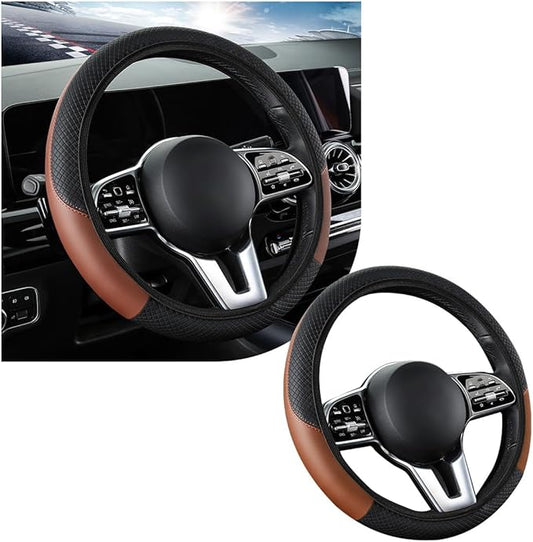 povtii Car Steering Wheel Cover, 15 Inch Leather Breathable Auto Steering Wheel Protector, Comfortable Non-Slip Vehicle Steering Wheel Covers, Universal Interior Car Accessories (Black+Coffee, AD)