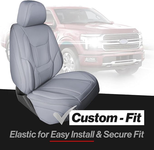 Coverland Custom Truck Car Seat Covers Full Set for [2019-2026 RAM 1500 Quad Cab Front Bucket Seats Rear Bench] - Protector Water Resistant Leather Memory Form Seat Cushion [Full Set-Gray]