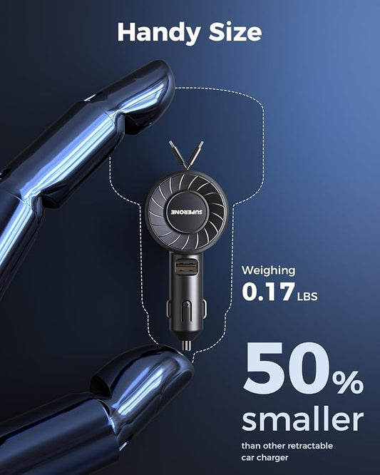 SUPERONE Retractable Car Charger, Small iPhone Car Charger Fast Charging, Car Phone Charger with USB C and Apple Cord, Car Charger Adapter Compatible with iPhone 17/16/15/14/13 Samsung Galaxy and More