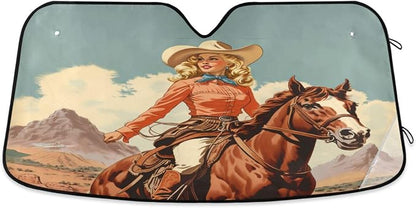Windshield Sun Shade Cowgirl Cowboy Horse View Front Window Block UV Shades Visor Reflective Retractable for Car SUV Trucks