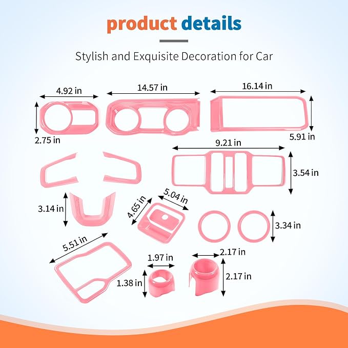 JeCar 14-Piece Pink Interior Accessories Trim Kit for 2024-2025+ Jeep Wrangler JL 4XE Gladiator JT- Center Console Dash Panel Interior Upgrade