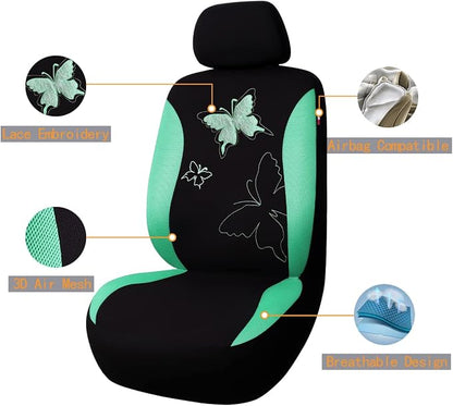 Flying Banner Butterfly car seat Covers ful Set Fashion Universal Lady Woman Female Rear Bench Split Colorized (Mint Green, Full Set - Lace)