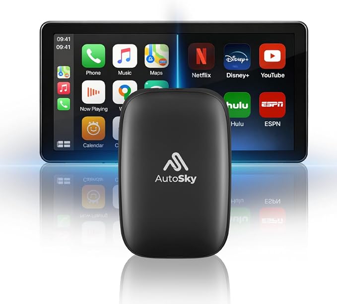 AUTOSKY AI Box Lite Flex – Wireless CarPlay & Android Auto Adapter with Selectable Streaming Apps (Netflix, Hulu, Disney+, Prime Video & More) – Plug & Play, Touchscreen Required