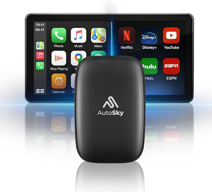 AUTOSKY AI Box Lite Flex – Wireless CarPlay & Android Auto Adapter with Selectable Streaming Apps (Netflix, Hulu, Disney+, Prime Video & More) – Plug & Play, Touchscreen Required
