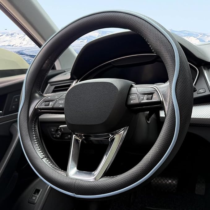 HAOTULE Leather Steering Wheel Cover， with Anti-Slip Stripe Design - Enhanced Grip, Fashion Style, Safe, Non-Slip, Breathable. Upgrade car Interior，Black Blue