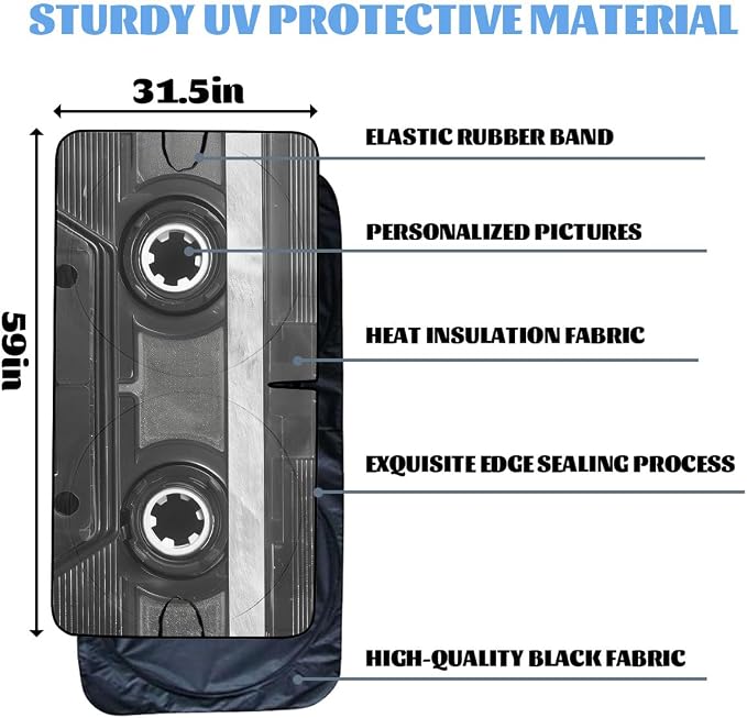 Black White Retro Car Front Window Sun Shield Cassette Music Tape Heatshield Front Window Car Sun Shade Windshield Rays Sun Shade Visor Protector for Car Sedan Truck SUV Accessories 59" L x 31.5" W