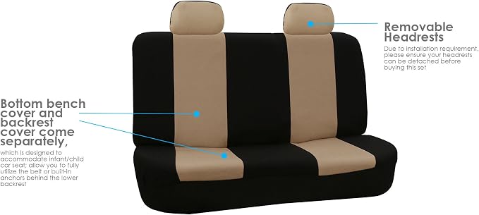 FH Group Flat Cloth Seat Covers Front Seat and Solid Rear Bench Full Set with Gift - Universal Fit for Cars, Trucks & SUVs (Beige/Black)