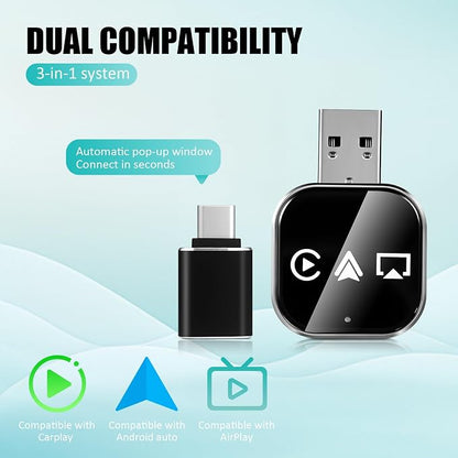 DOITOOL Wireless Car Adapter 3-in-1 Wireless Phone Connector for Car - Screen Mirroring - USB A to C Plug and Play Vehicle Accessories