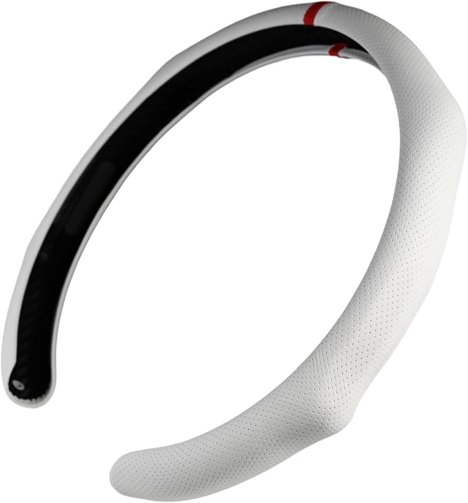 Quick Install Sporty White Perforated Nappa Leather Steering Wheel Cover with Red Top Stripe for Car SUV Pickup White Trim