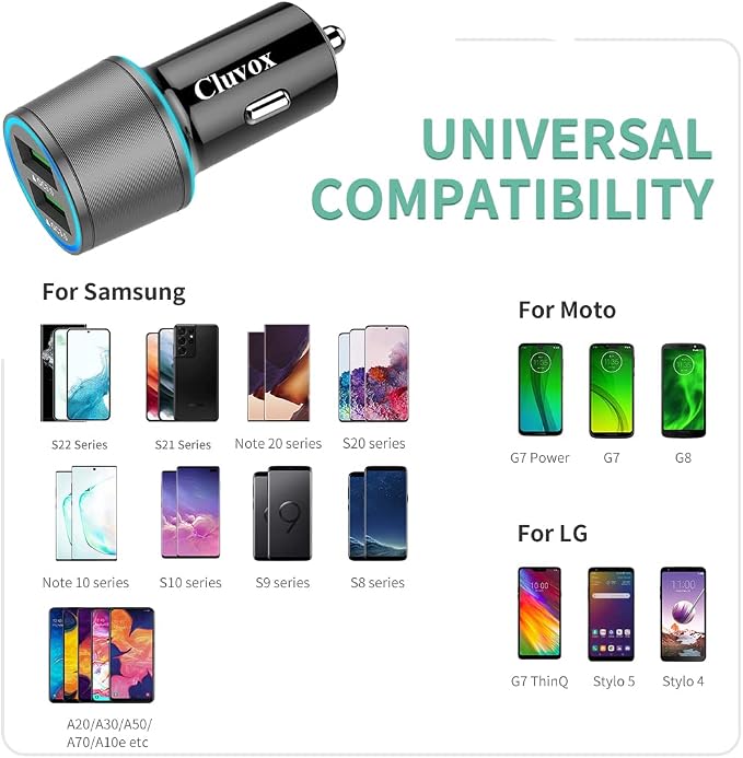 Rapid USB C Car Charger, Compatible for Samsung Galaxy S26/S25 Plus/Ultra/S24/S23/S22/S21/Note 20/10/S20/S10+/S9/A56/A36/A50/A70, Quick Charge 3.0 Dual USB 18W Fast Car Charger+ Type C Cable 6.6ft