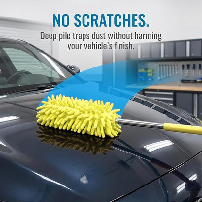 2PCS Car Interior Duster with Extension Pole, 9.45" to 28.35" Microfiber Soft Vehicle Dash Dusting Detailing Wash Brushes, Automotive Dash Cleaning Tool, Universal for SUV RV Truck (Yellow)