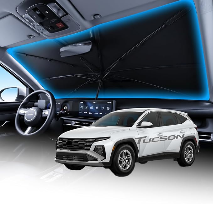 Wigoo Windshield Sun Shade Umbrella for Hyundai Tucson [100% Sun Blockage, Ice Cooling Fabric] Reflective Heat Insulation, Foldable Front Window Sunshade Umbrella for Hyundai Tucson 2005-2026