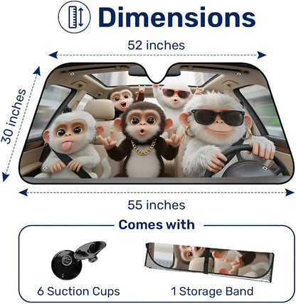 GENANY Monkey Windshield Sun Shade for Car SUV Truck (55x30 Inches), Front Window Visor for Windows, Protector Blocks UV, Car Decor