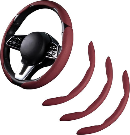 Car Steering Wheel Cover Leather Snap On 3Pcs Set Non-Slip Protector Wrap Steering Wheel Accessories 14.5-15 inch Universal Wine Red
