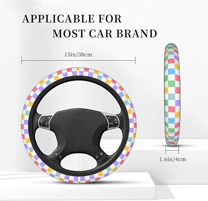 Checkered Steering Wheel Cover for Women,Universal Auto Steering Wheel 14-15 Inch Car Interior Accessories with 2PCS Car Coasters,Suitable for Men and Women