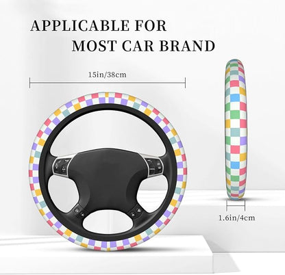 Checkered Steering Wheel Cover for Women,Universal Auto Steering Wheel 14-15 Inch Car Interior Accessories with 2PCS Car Coasters,Suitable for Men and Women