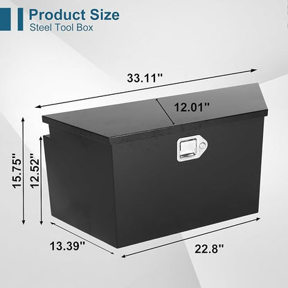 33.2"X13.6"X15.8" Tongue Truck Box Black Heavy Duty Steel Trailer Tongue Box Pick Up Truck Tool Box Storage Organizer w/Lock & Keys