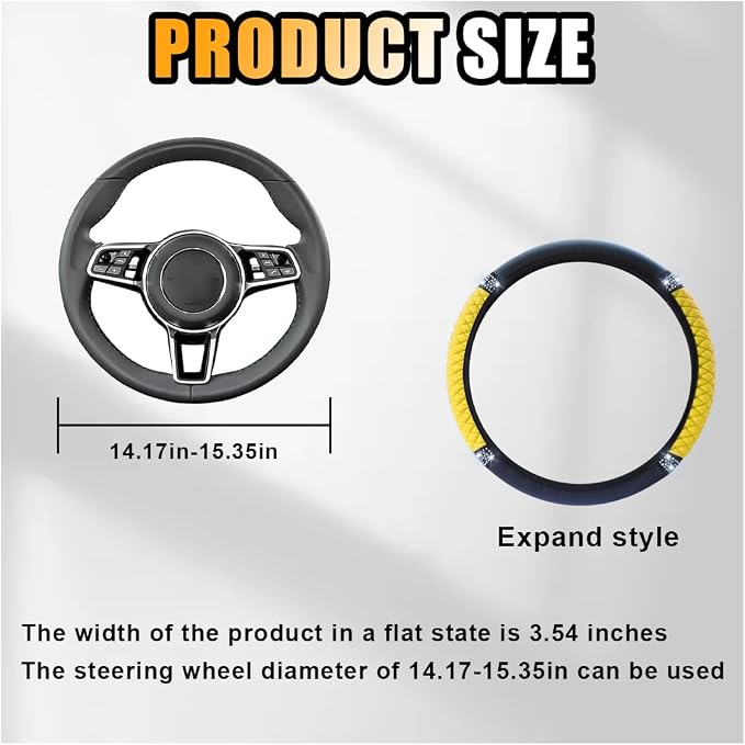 Bling Soft Leather Steering Wheel Cover, 15 Inch Colorful Rhinestones Auto Elastic Protector with Crystal Diamond for Women Girls, Car Accessories for Most Cars, SUVs (Yellow)