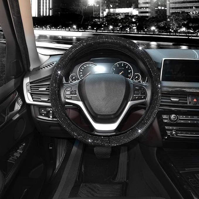 Valleycomfy Steering Wheel Cover for Women 15 1/2 inches-16 inches Bling Bling Crystal Diamond Sparkling for F150 F250 F350 Ram 4Runner Tacoma Tundra Range Rover (Black with Black Diamond)