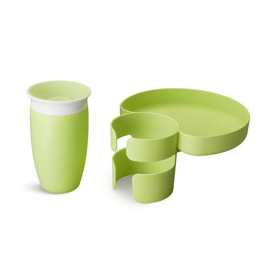 Munchkin Carseat Tray with Miracle 360 Sippy Cup for Toddlers 1-3 - Travel & Road Trip Accessory for Kids, Mess-Free Snacking and Spill Proof Drinking in The Car, Green