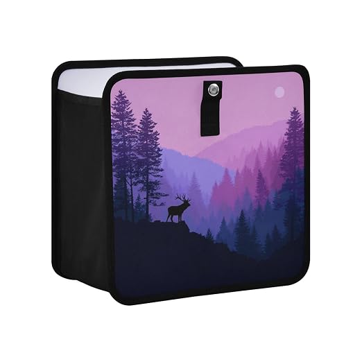 Car Trash Can Organizer Bin with Adjustable Strap for Back Front Seat Console Waterproof Leakproof Collapsible Portable 8.66 Inch Purple Stag Mountains and Forest