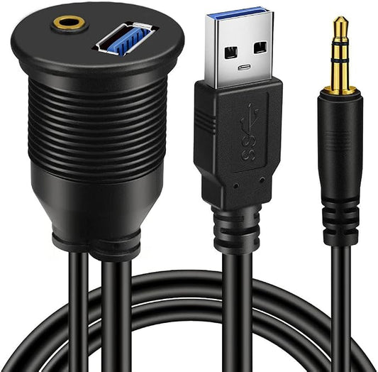 2 Pack USB 3.0 & 3.5mm Car Mount Flush Cable 3.5mm + USB3.0 AUX Extension Dash Panel Waterproof Mount Cable for Car Boat and Motorcycle - 3ft