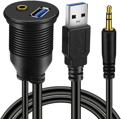 USB 3.0 & 3.5mm Car Mount Flush Cable 3.5mm + USB3.0 AUX Extension Dash Panel Waterproof Mount Cable for Car Boat and Motorcycle 1ft