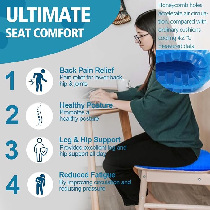 Seat Cushion, 1.8" Double Thick Cooling Egg Gel Seat Cushions for Long Sitting, Strong Support, Sciatica & Back Pain Relief, Breathable Cool Suitable as Office Chair, Car Seat, Wheelchair Cushion