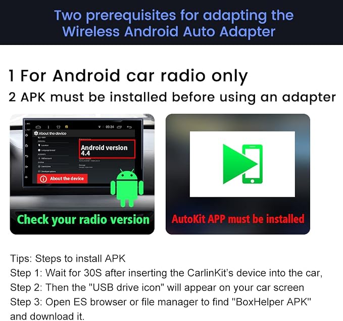 Carlinkit Wireless CarPlay USB Adapter Only Compatible with Android car radios. only for Android Version 4.4.2 or Above. APK Must be Successfully Installed Before use. Model:CPC200-CCPA
