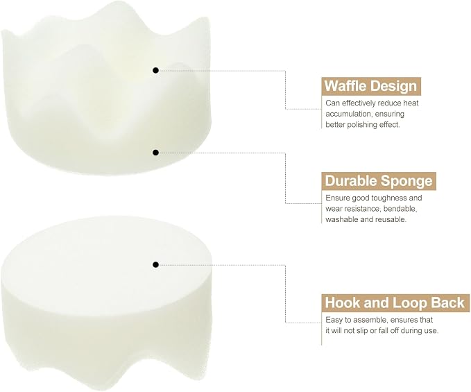 HARFINGTON 3pcs Buffing Sponge Pads 2" Polishing Wheel Waffle Finishing Grip Pad Car Buffer Polisher with Hook and Loop Back for Car Detailing Polishing Waxing, White