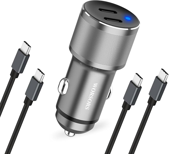 Dual 45W USB C Car Charger, 90W Max Super Fast Charging, All Metal 12V Cigarette Lighter Adapter for iPhone 17 Pro Max/16/15/iPad, Samsung Galaxy S26+/S25, Google Phones with 2 Type C Cable 3.3ft Gray