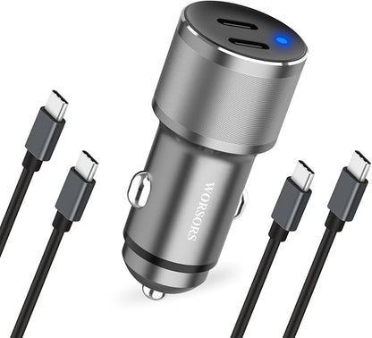 Dual 45W USB C Car Charger, 90W Max Super Fast Charging, All Metal 12V Cigarette Lighter Adapter for iPhone 17 Pro Max/16/15/iPad, Samsung Galaxy S26+/S25, Google Phones with 2 Type C Cable 3.3ft Gray