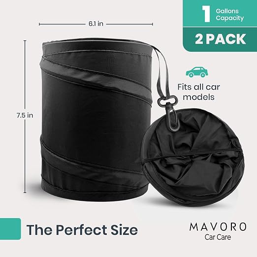 Mavoro 2 Pack, 1 Gallon Car Trash Can | Waterproof Collapsible Pop-Up Car Bin (2 Pack, 1 gal)