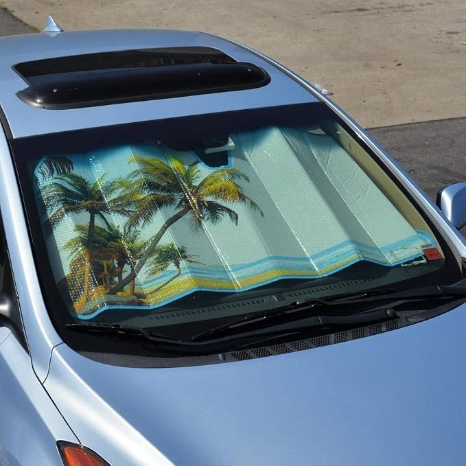 BDK Palm Tree Tropical Island Front Windshield Sun Shade Accordion Folding Cute Car Window Shades for Truck & Car Sunshade Shield for Sun UV Rays - Visor Protector Keeps Vehicle Cool - 58 x 27 inches