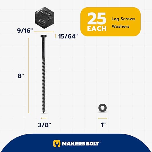3/8 x 8 (25 Pack) Lag Screw Kit, 25 Screws and 25 Washers, Ceramic Black Ruspert Coating for Exterior Use, Meets ASTM A307 and ASME B18.2.1, Industrial/Commerical Grade by Makers Bolt