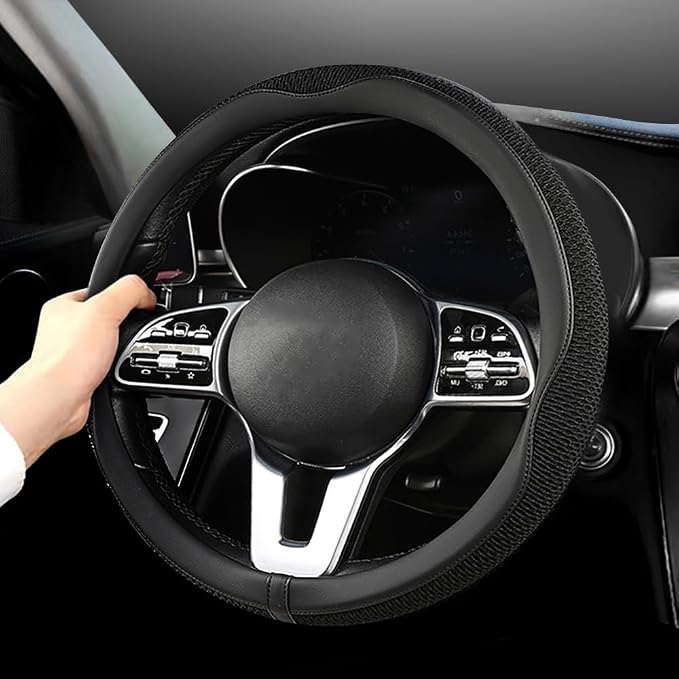 LKWLIKEI Car Steering Wheel Cover, Universal 15 inch, The Latest Microfiber Leather Breathable Technology Fabric, Non-Slip, Comfortable, Warm in Winter and Cool in Summer, Black