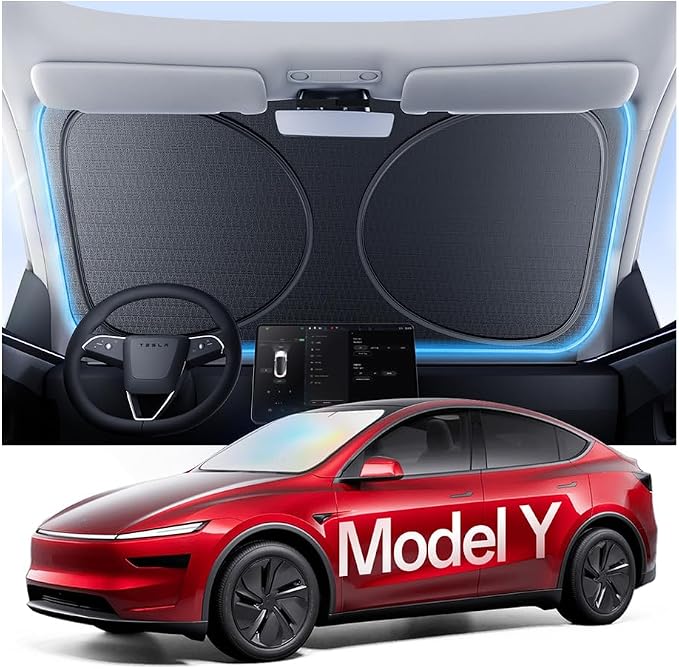 Windshield Sun Shade for Tesla Model Y 2020-2026 (Include Juniper), 100% UV Block & Heat Insulation, Custom Fit Sunshade, Foldable Car Sunshade with Storage Bag, Protect Interior Accessories
